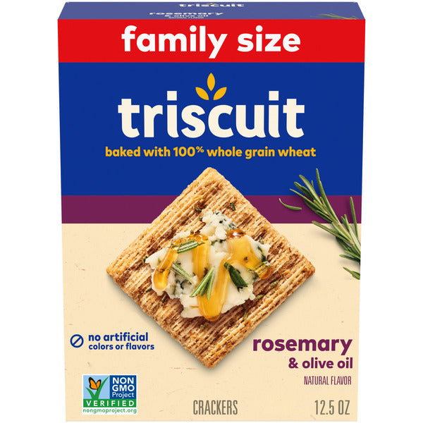 TRISCUIT Rosemary & Olive Oil Whole Grain Wheat Crackers, Lunch Snacks, Family Size 12 oz