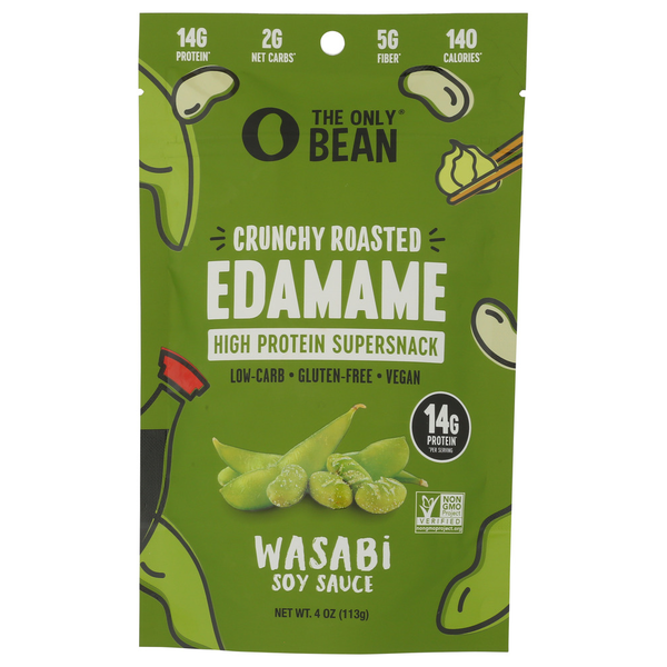 Green package of crunchy roasted edamame with wasabi soy sauce flavor on a white background