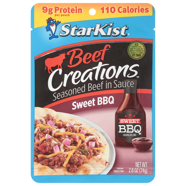 StarKist Beef Creations Sweet BBQ seasoned beef in sauce package on a white background