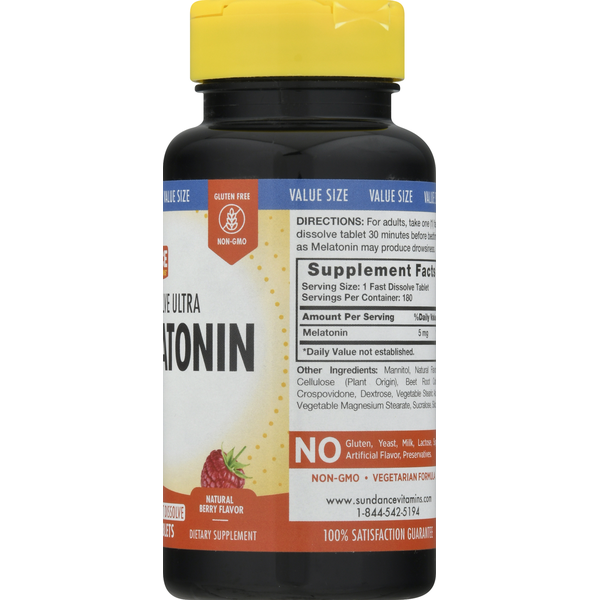 Sundance Vitamins Melatonin, 5 mg, Natural Berry Flavor, Fast Dissolve Tablets, Value Size