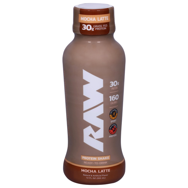 Bottle of RAW Mocha Latte protein shake on a white background