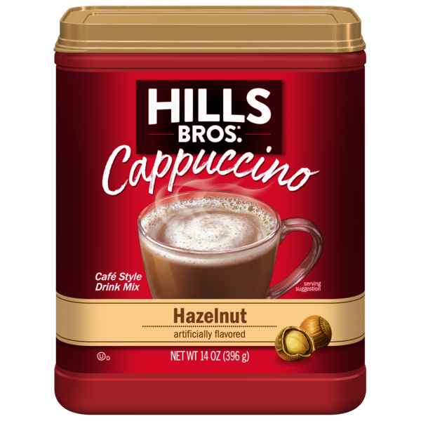 Hills Bros Hazelnut Cappuccino canister on a white background