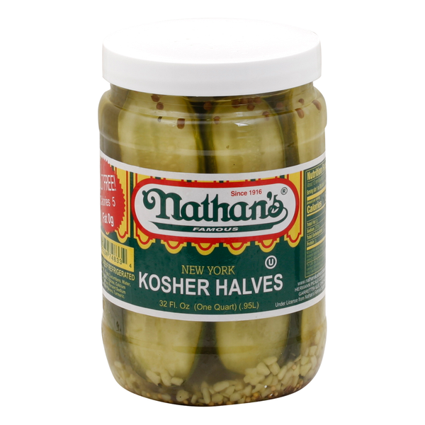 Jar of Nathan's Famous New York Kosher Halves pickles on a white background