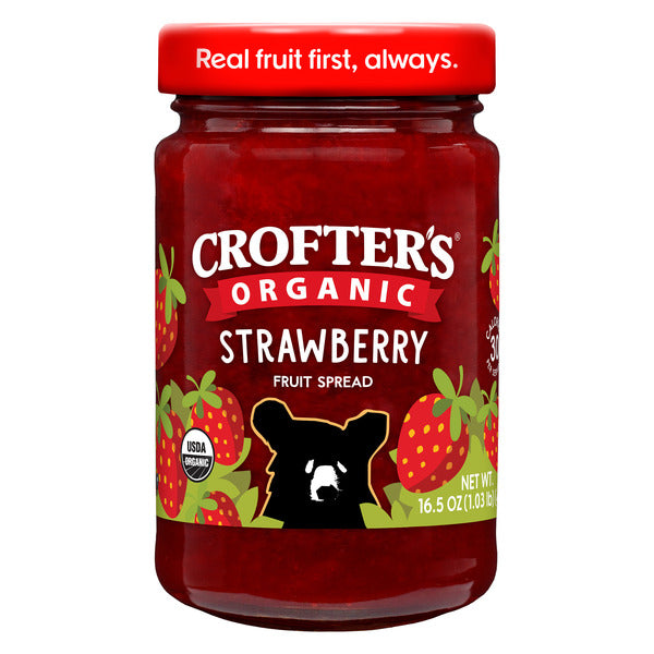 Jar of Crofter's Organic Strawberry Fruit Spread with red lid and black bear on label.