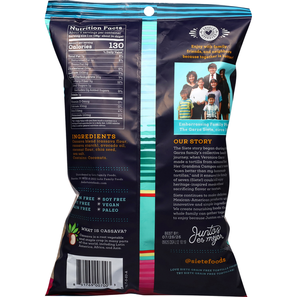 Siete Tortilla Chips, Grain Free, Sea Salt