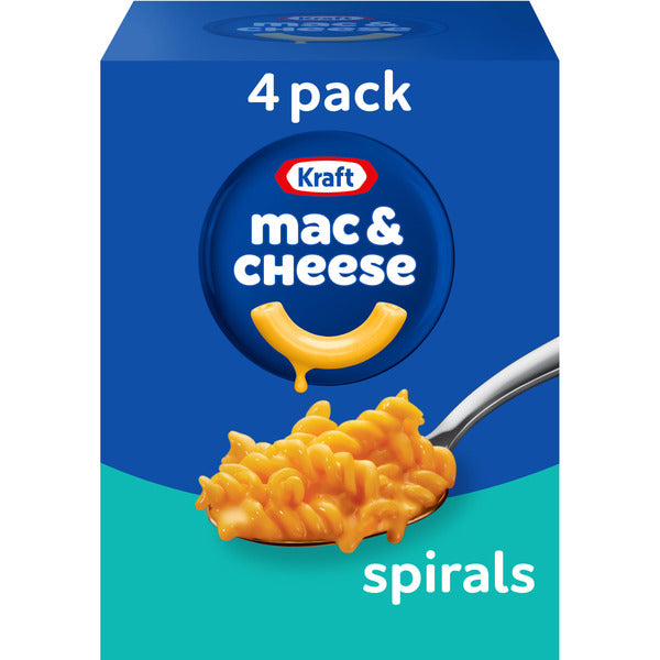 Kraft mac & cheese spirals 4-pack box with blue and green design