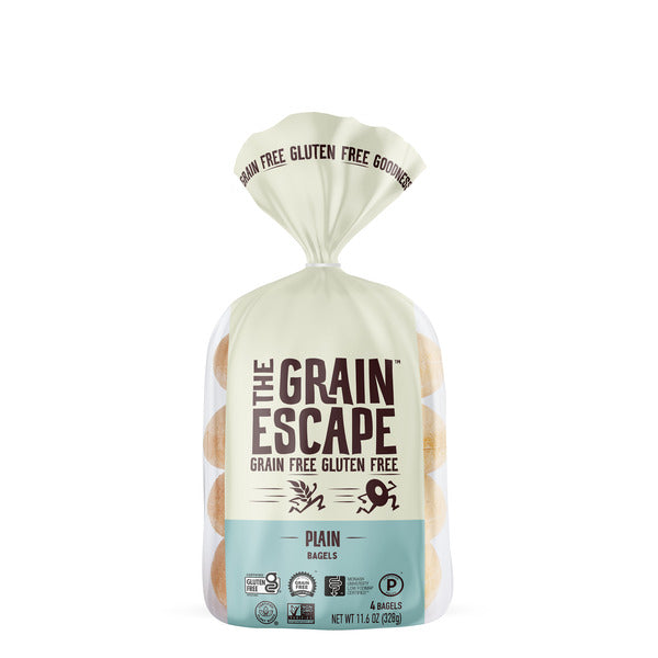 Bag of The Grain Escape plain bagels on a white background