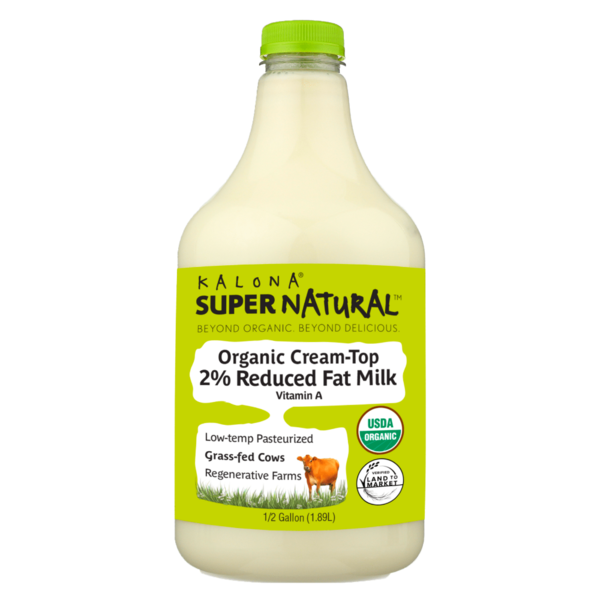 Bottle of Kalona Super Natural Organic Cream-Top Milk on a white background
