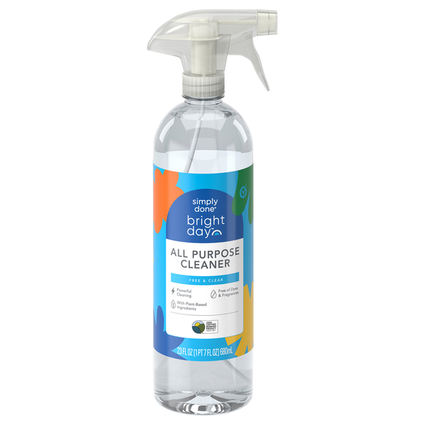 Clear all-purpose cleaner bottle with a colorful label on a white background