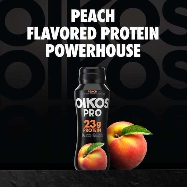 Oikos Pro 23g Protein, Peach Cultured Dairy Drink, 0g Added Sugar, Convenient High Protein Snacks for School, Office, Gym, 7 fl oz Bottle