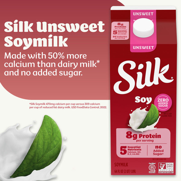 Silk Soy Milk, Unsweet, Dairy Free, Gluten Free, Delicious Vegan Plant Based Milk with No Added Sugar and 5 Essential Nutrients, 64 fl oz Half Gallon