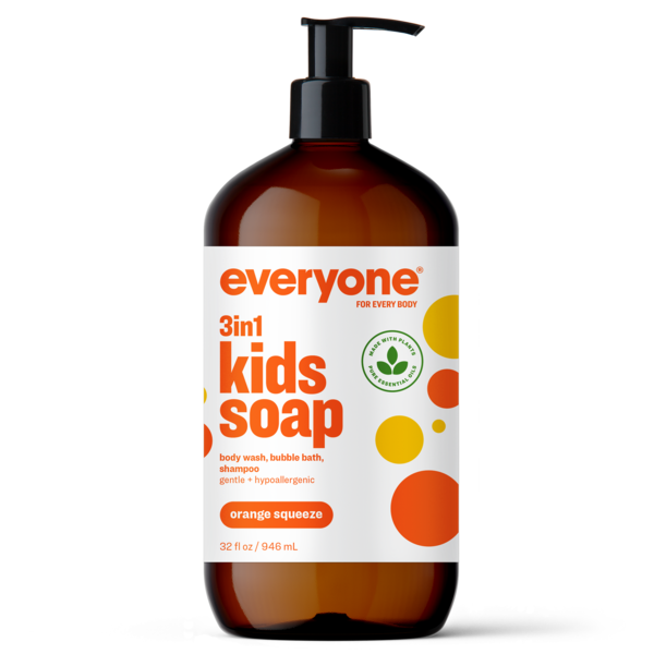 Brown bottle of 'everyone' 3-in-1 kids soap with pump on a white background