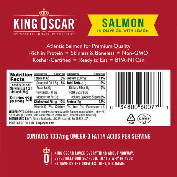 King Oscar Skinless & Boneless Premium Salmon in Olive Oil with Lemon