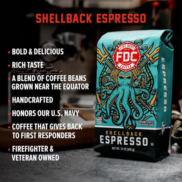 Fire Department Coffee Inc. Shellback Espresso, Premium Ground Coffee, Medium Roast