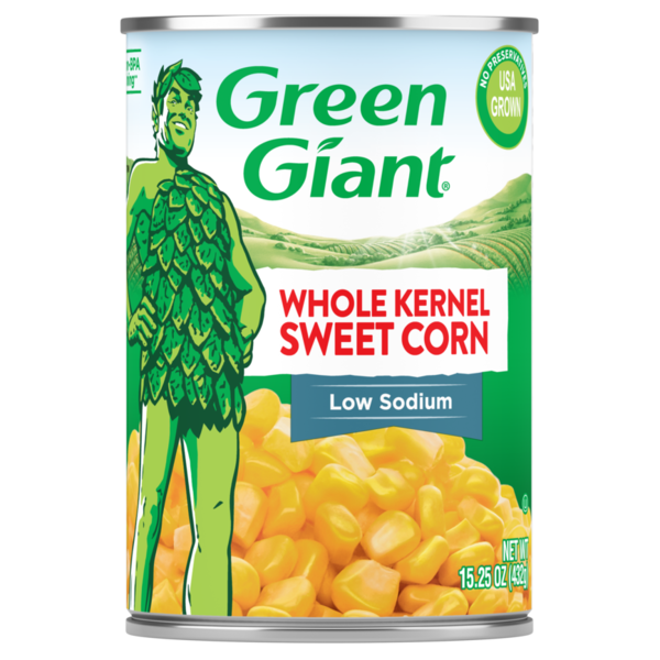 Can of Green Giant whole kernel sweet corn on a white background