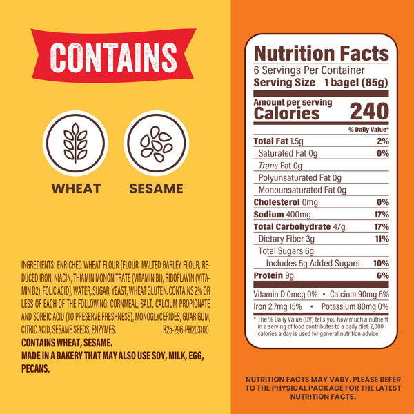 Thomas’ 6 ct, Plain, Bagels, 9g Protein, Kosher, Bagels, 18 oz