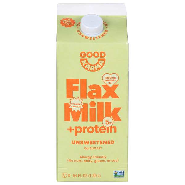 Good Karma Flax Milk + Protein carton on a white background