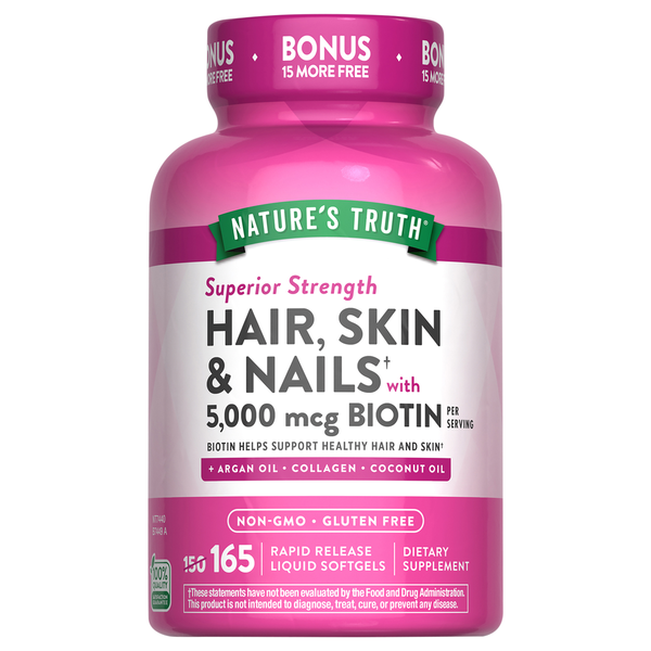 Nature's Truth Hair Skin & Nails with 5,000mcg Biotin, Quick Release Softgels.