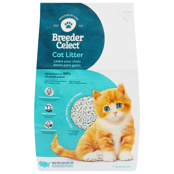 Breeder Celect cat litter packaging with a kitten on a white background