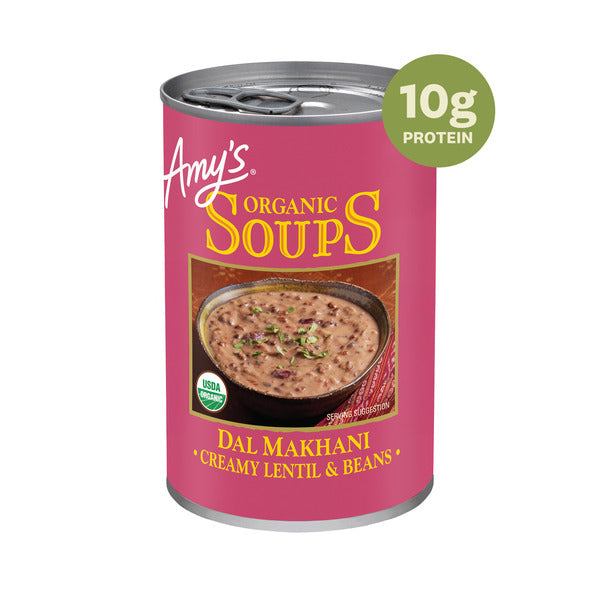 Can of Amy's Organic Soups Dal Makhani on a white background