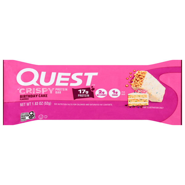 Quest Crispy Birthday Cake protein bar packaging on a white background