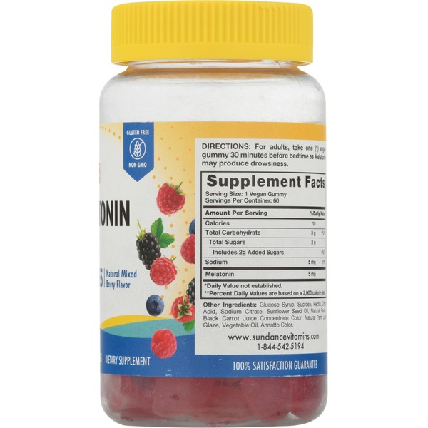 Sundance Vitamins Melatonin, 5 mg, Vegan Gummies, Natural Mixed Berry
