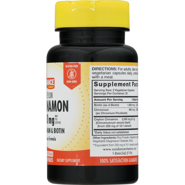 Sundance Vitamins Cinnamon + Chromium & Biotin, Ultra Ceylon, 2500 mg, Vegetarian Capsules