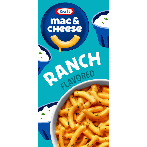 Kraft Mac & Cheese Ranch Flavored packaging with a bowl of macaroni and cheese on a blue background.