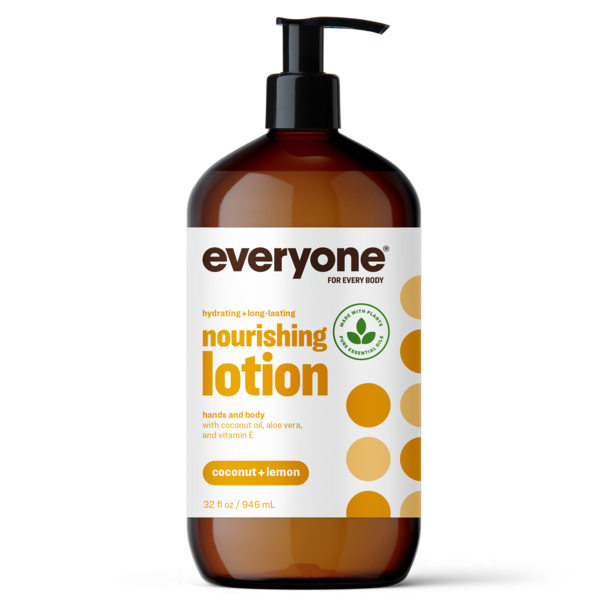 Brown lotion bottle with a label on a white background