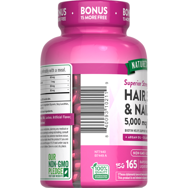 Nature's Truth Hair Skin & Nails with 5,000mcg Biotin, Quick Release Softgels.