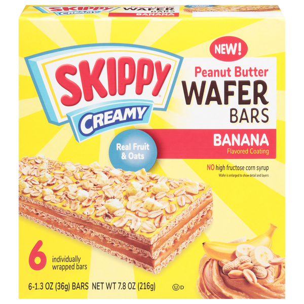 Box of Skippy Creamy Peanut Butter Wafer Bars with banana flavor on a yellow background