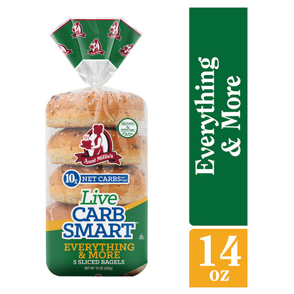 Packaged sliced bagels with 'Live Carb Smart' label on a white background