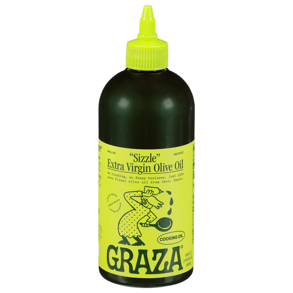Bottle of Graza Extra Virgin Olive Oil with a yellow label and green cap on a white background