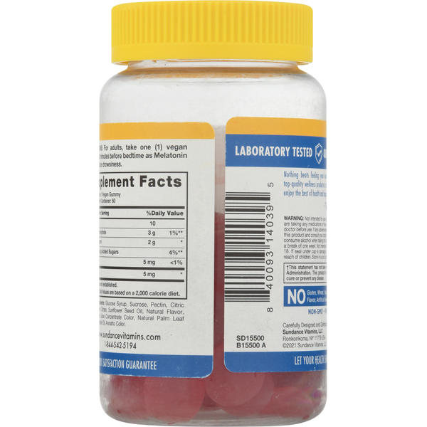 Sundance Vitamins Melatonin, 5 mg, Vegan Gummies, Natural Mixed Berry