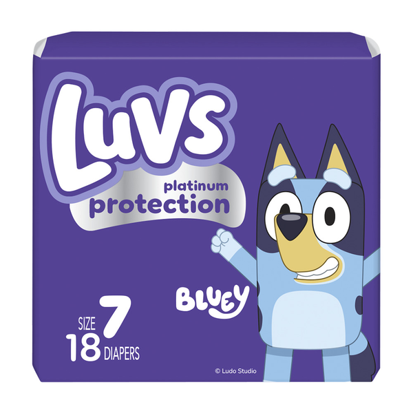 Luvs diaper package with Bluey character on a purple background