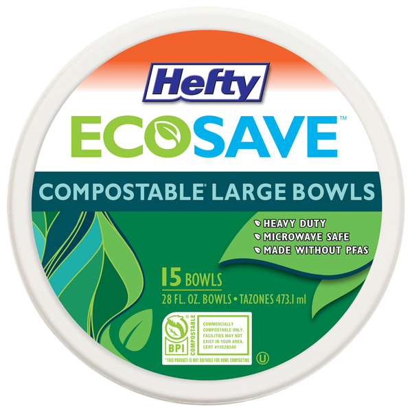 Hefty Bowls, Compostable, 28 Fluid Ounce, Large