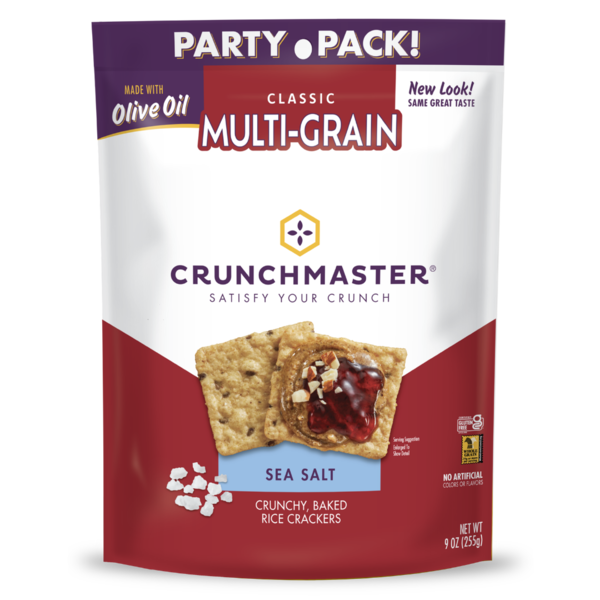 Packaging of Crunchmaster Classic Multi-Grain rice crackers with a red and purple design.