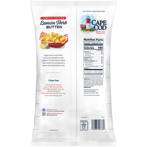 Cape Cod Cape Cod Potato Chips, Limited Edition Lemon Herb Butter Kettle Cooked Chips, 6.5 Oz Lemon Herb Butter Potato Chips