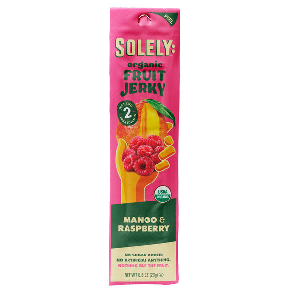 Solely Organic Fruit Jerky package with mango and raspberry flavor on a white background