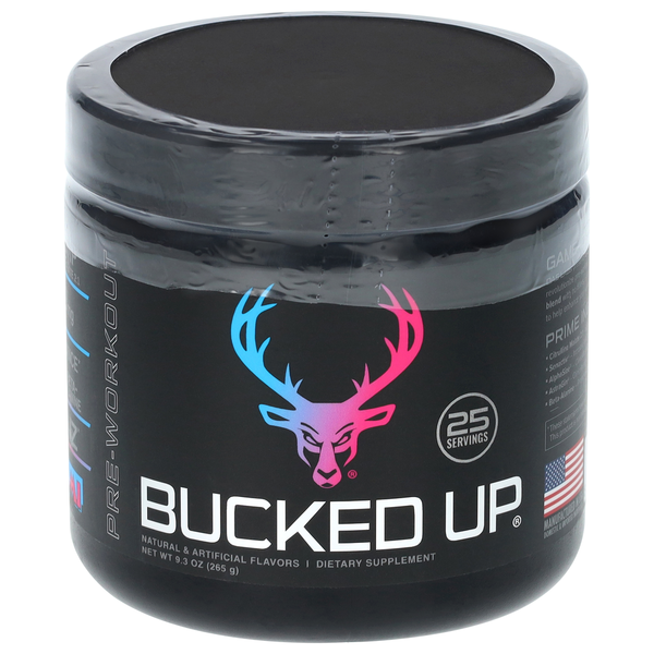 Black container of 'Bucked Up' dietary supplement with colorful deer logo on a white background