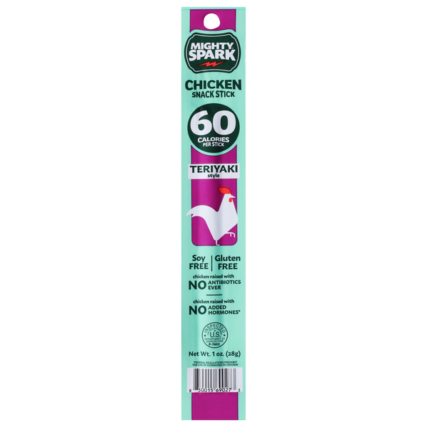 Mighty Spark Chicken Snack Stick packaging with teriyaki flavor on a white background