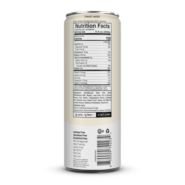 Slate French Vanilla, High Protein Milk Shake, 20g Protein, 1g Sugar