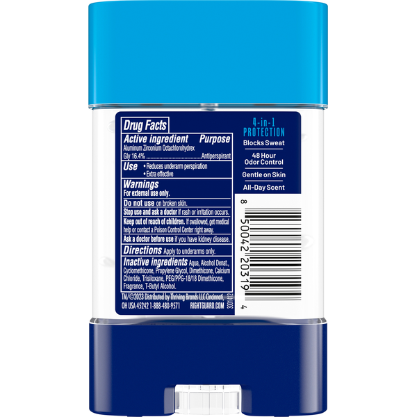 Back view of a deodorant stick with blue cap and white body, showing text and labels.