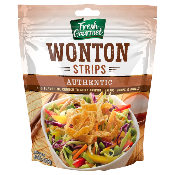 Packaging of Fresh Gourmet Wonton Strips with a salad image on a white background