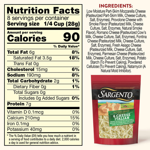 Sargento Natural 6 Cheese Italian Shredded Cheese, Fine Cut, 8 oz
