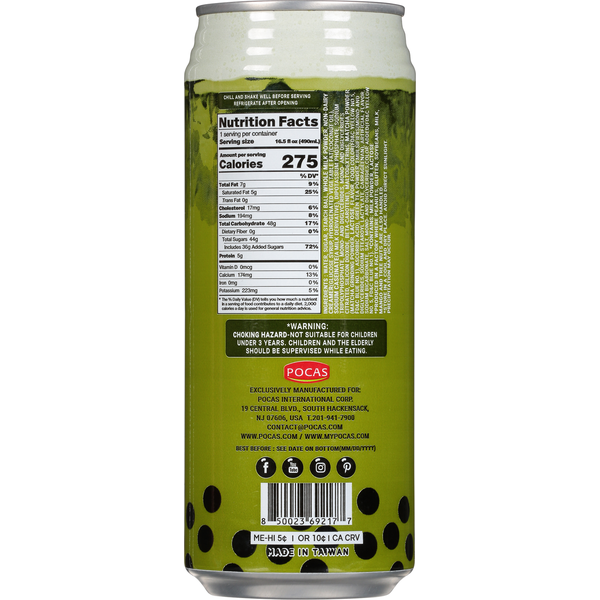 Pocas Bubble Tea, Matcha Flavor with Tapioca Pearls, Taiwan Classic