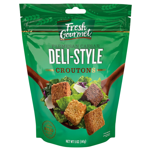 Green bag of Fresh Gourmet Deli-Style Croutons with images of croutons on a white background
