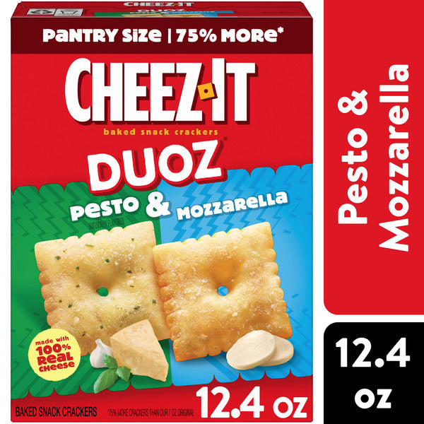 Cheez-It Duoz Pesto & Mozzarella snack crackers packaging on a white background