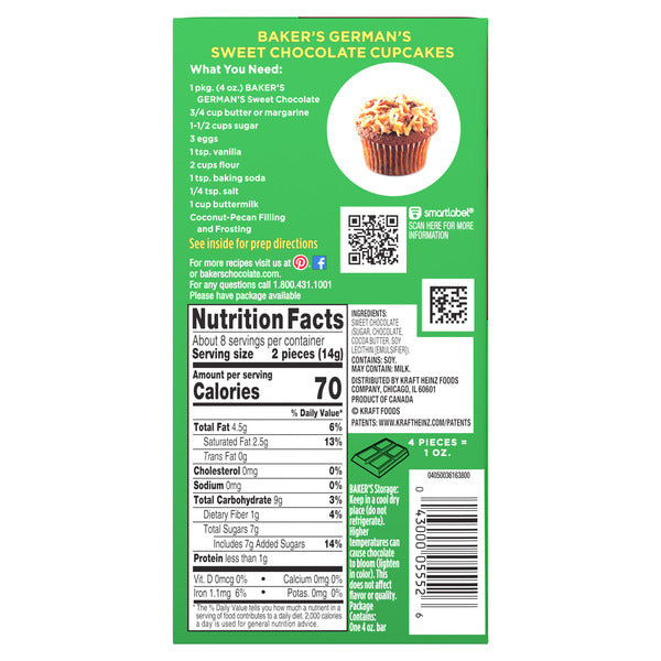Baker's German's Sweet Chocolate Premium Baking Bar with 48% Cacao