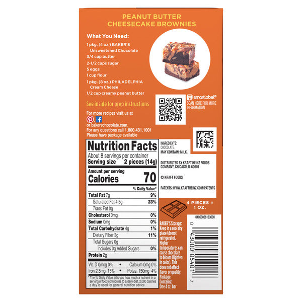 Baker's Unsweetened Chocolate Premium Baking Bar with 100 % Cacao